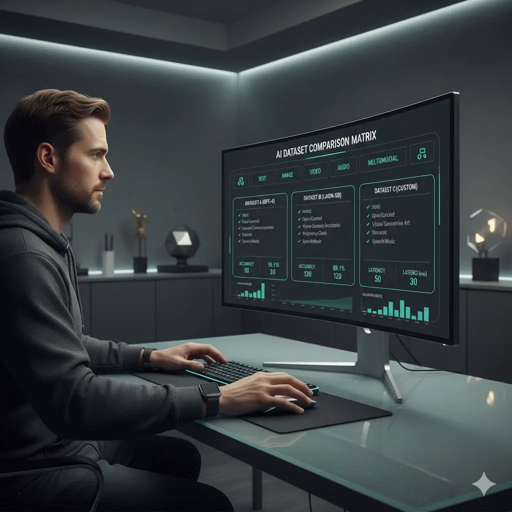 Developer evaluating AI dataset options using a comparison dashboard interface