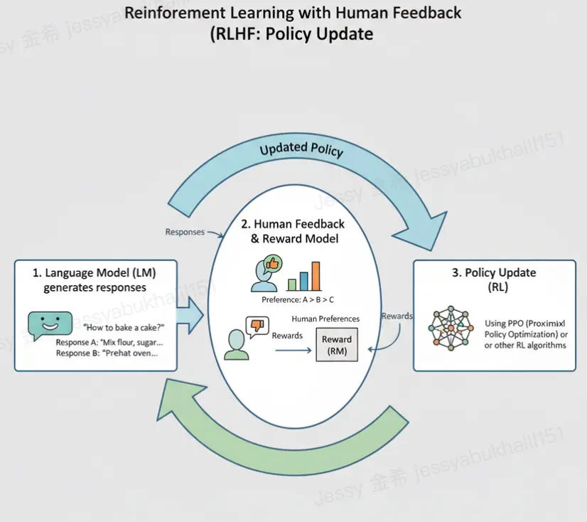 Diagram: Language model policy update via RLHF human feedback