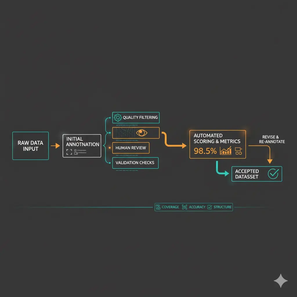 Diagram of a quality assurance annotation pipeline for OTS datasets