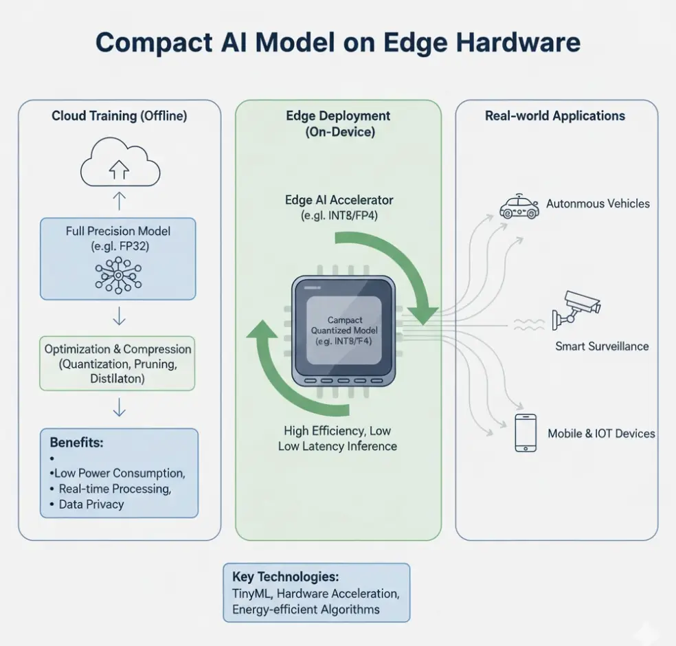 Schematic showing a compact AI model running efficiently on edge hardware