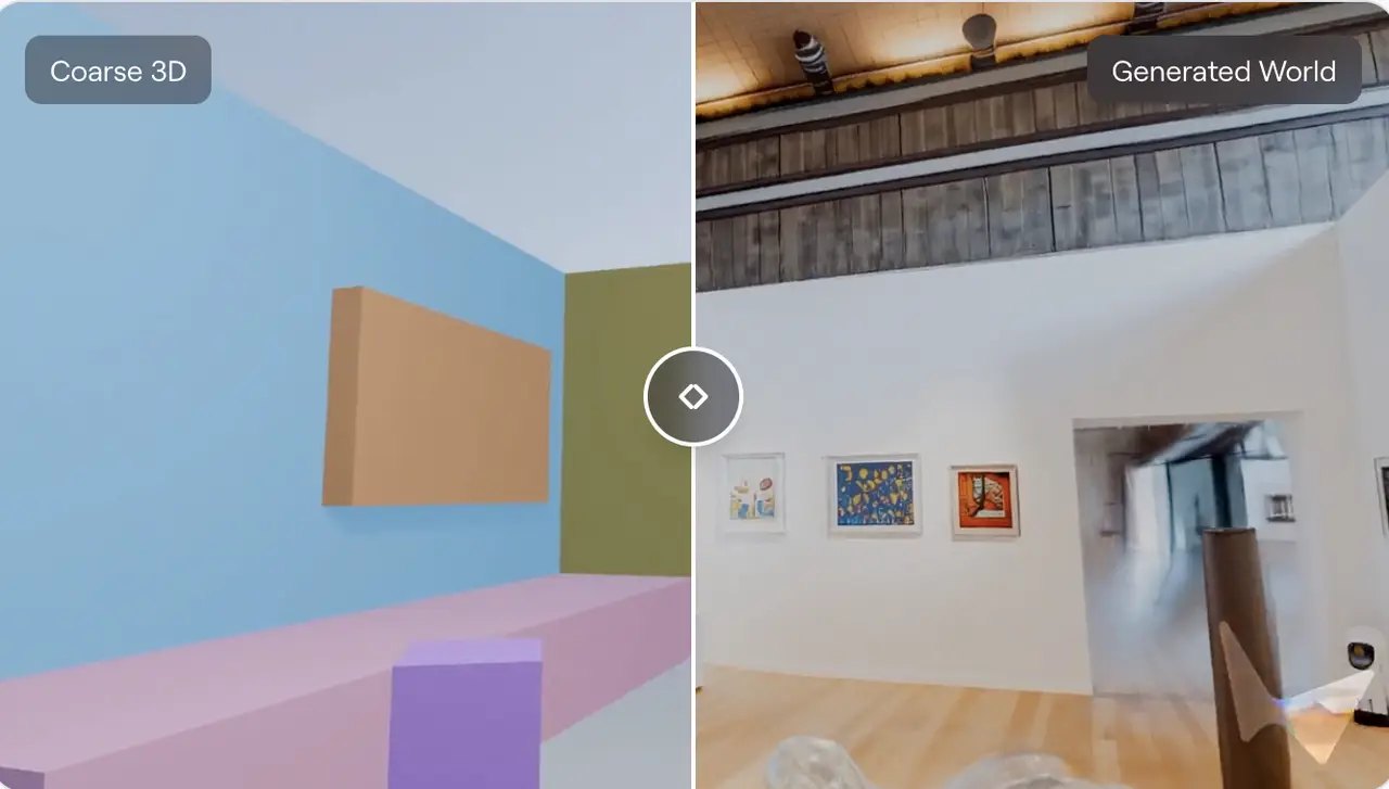 A modern art museum with wooden floors, colorful paintings, and curving sculptures