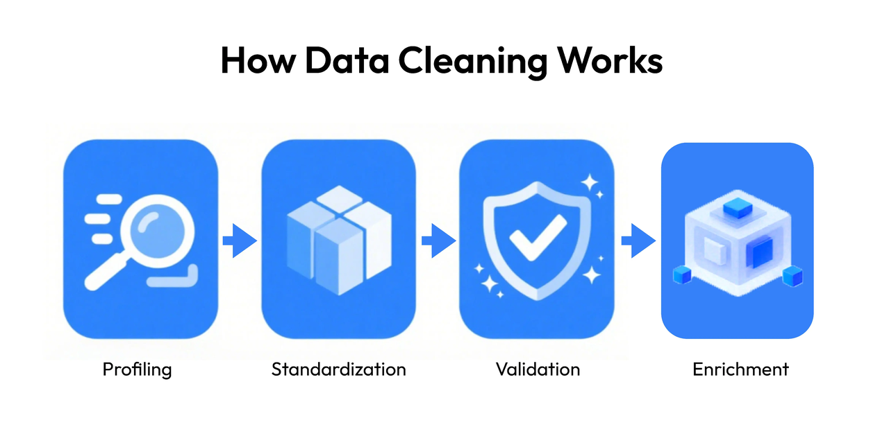 The workflow involves detecting errors, fixing inconsistencies, and preparing data for analysis The workflow involves detecting errors, fixing inconsistencies, and preparing data for analysis