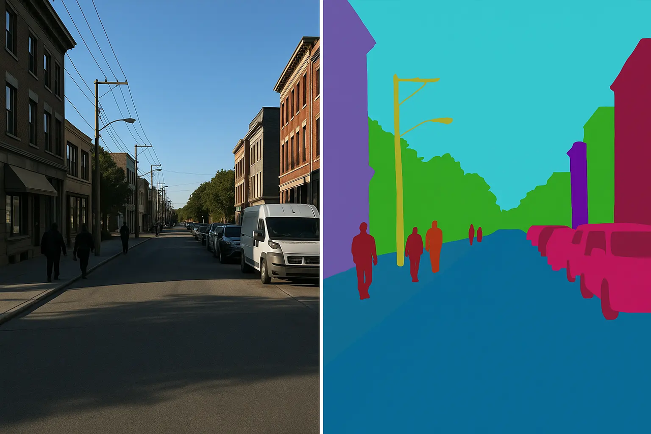 AI-powered semantic segmentation: raw image vs. color-masked output AI-powered semantic segmentation: raw image vs. color-masked output