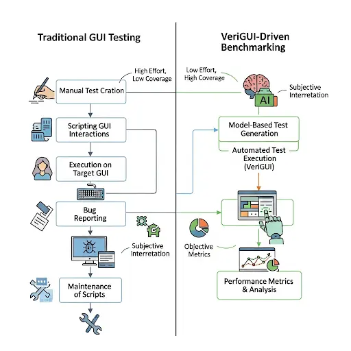 Comparison of traditional GUI testing vs VeriGUI-driven benchmarking Comparison of traditional GUI testing vs VeriGUI-driven benchmarking