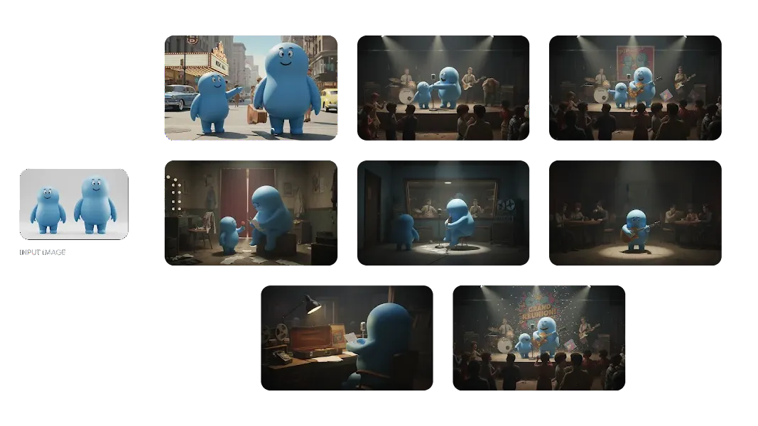 Demonstrating character consistency by placing the same characters in multiple different settings and stories.
